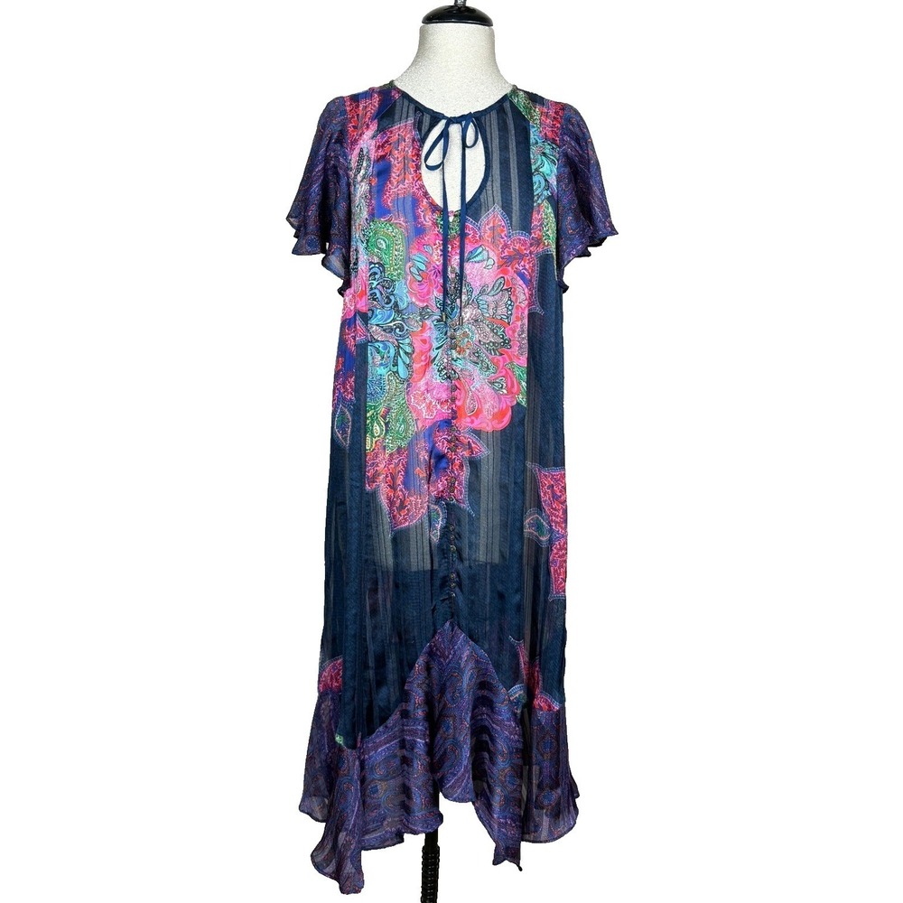 Maeve Loren Flutter Sleeve Swing Dress Womens M Anthropologie Paisley Boho Sheer